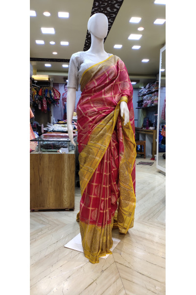 Silk Linen Saree With All Over Golden  Checks And Benarasi Weaving Design - Also Has Contrast Color Border And Pallu (KR2296)